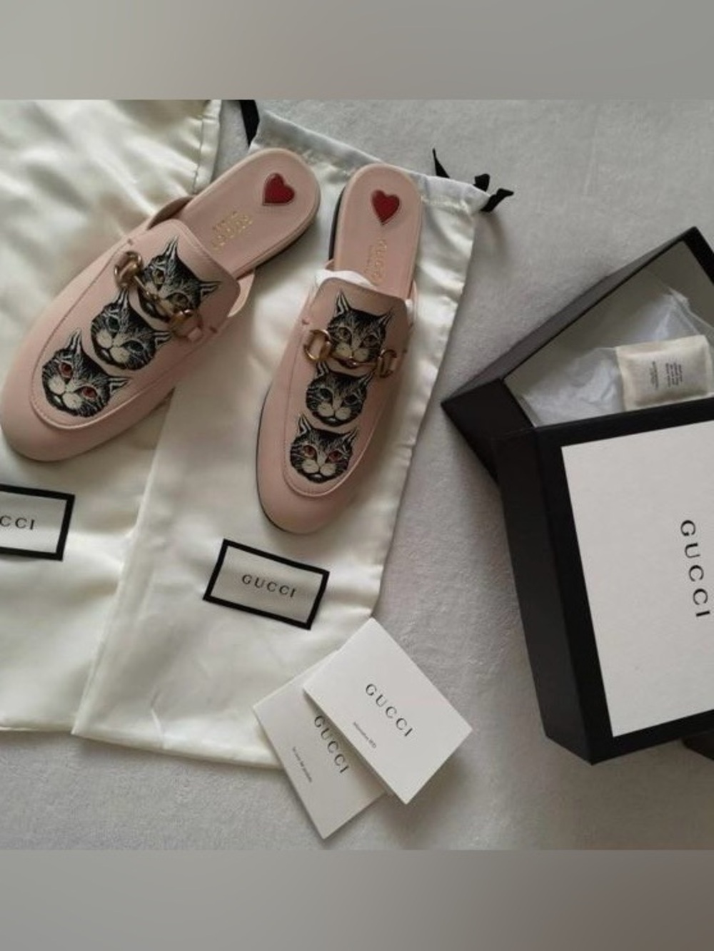 Gucci Blush Pink Leather Slip-On Mules with Cat Motif